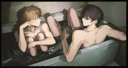 2boys bath bathroom bathtub black_eyes black_hair blonde_hair brown_eyes chainsaw_man denji_(chainsaw_man) gajyago gay hirofumi_yoshida light-skinned_male light_skin looking_at_another male male_only mappa nude pale_skin pretty_boy smile smiling water wet wet_body yaoi