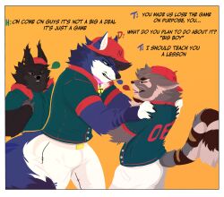 absurd_res angry anthro baseball_uniform blue_body blue_fur canid canine canis clothing collar domestic_cat domestic_dog felid feline felis fur grabbing_shoulders group hat headgear headwear hi_res male male/male mammal medallion smug sportswear terry_skai terryskaii_(artist) text trio uniform