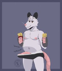 1boy anthro brown_eyes chest_tuft chubby_male clothing didelphid erection fast_food fat fat_man food fries fur fur_markings genitals grey_body grey_fur head_tuft hi_res holding_food holding_object humanoid_genitalia humanoid_hands humanoid_penis long_tail male male_only mammal markings marsupial navel nipples penis pink_nipples pink_nose rumbling_stomach saintbullart slightly_chubby smile solo tenting tuft underwear vein veiny_penis whiskers