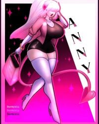 1girls animation_meme_community anny_(anny_perez) anny_perez big_breasts clothing demon demon_girl earrings female_focus high_heel_boots horn legs light_pink_hair only_female pink purse tagme thigh_boots youtube youtube_hispanic