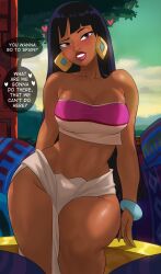 chel dark-skinned_female dark_skin dreamworks earrings echosaber fit_female flat_belly large_breasts revealing_clothes solo straight_hair suggestive suggestive_look text the_road_to_el_dorado wide_hips