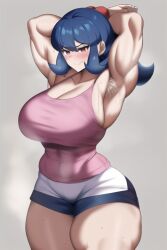 1girls ai_generated armpits arms_up bare_arms bare_legs bare_shoulders bare_thighs biceps blue_hair blush breasts broad_shoulders cleavage clothed_female deep_cleavage game_freak huge_breasts large_breasts looking_at_viewer massive_breasts muscle muscles muscular muscular_arms muscular_female muscular_legs muscular_thighs nintendo pink_tank_top pixai pokemon pokemon_hgss red_eyes sabrina_(pokemon) seductive seductive_eyes seductive_look seductive_mouth seductive_smile short_shorts shorts showing_armpits spandex spandex_shorts stable_diffusion steam steaming_body sweat tank_top thick_arms thick_thighs thighs voluptuous voluptuous_female white_shorts wide_hips