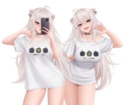 1girls 2022 2d 2d_(artwork) big_breasts blush choker clothed clothed_female clothing eyebrows_visible_through_hair fan_mascot_(vtuber) female female_only hidden_curves hololive hololive_gen_5 hololive_japan light-skinned_female light_skin lion_ears lion_girl long_hair looking_at_viewer meme multiple_images multiple_scenes open_mouth pale-skinned_female pale_skin selfie shirt shirt_dress shirt_tighten_meme shishiro_botan simple_background ssrb t-shirt/pajamas_challenge thick_thighs thighs tight_clothes tight_clothing tight_shirt virtual_youtuber wei_xiao white_background white_shirt