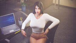 1girls 3d black_hair bottomless capcom dark_hair dead_rising dead_rising_2 female female_only hairless_pussy its-gergless long_hair no_panties office public rebecca_chang shaved_crotch shaved_pussy solo voluptuous voluptuous_female