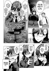 1boy1girl big_breasts black_and_white blush breasts comic dark-skinned_male dark_skin dialogue embarrassed english_text etuzan_jakusui female glasses huge_breasts large_breasts larger_female light-skinned_female light_skin looking_down male male/female manga school_uniform schoolgirl shocked size_difference skirt smaller_male speech_bubble surprised tall text