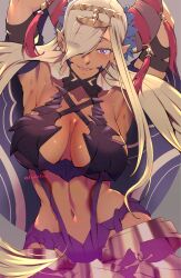 1girls abs absurd_res armor armpits arms_behind_head arms_up asymmetrical_horns bangs blonde_hair blush breasts cleavage cleavage_cutout clothing_cutout collarbone cowboy_shot dark-skinned_female dark_skin dragon_girl dragon_horns fangs female female_only fire_emblem fire_emblem_engage gradient gradient_background grey_hair grey_horns hair_over_one_eye headpiece hi_res highres horn_ornament horns jewelry koda1ra large_breasts long_hair looking_at_viewer midriff monster_girl navel nintendo paid_reward_available pointy_ears purple_eyes purple_thighhighs revealing_clothes signature smile solo standing straight-on tassel teeth thighhighs twitter_username very_long_hair wide_hips zephia_(fire_emblem)