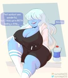 2d bangs_over_eyes big_ass big_breasts big_lips blue-skinned_female blue_hair blue_skin breast_milk cleavage dialogue gem_(species) jacket lactation milk_leaking sapphire_(steven_universe) speech_bubble steven_universe sunsleptos sweat tank_top thighhighs water_bottle