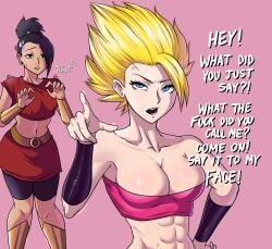 1boy 2girls black_hair caulifla dark-skinned_female dark_hair dark_skin dialogue dragon_ball dragon_ball_super female_saiyan instant_loss kale light-skinned_female light_skin moaning moaning_in_pleasure muscular muscular_female muscular_male once_(artist) onomatopoeia pov simple_background sweat sweatdrop sweating sweaty sweaty_body text text_box text_bubble universe_6 universe_6/universe_7