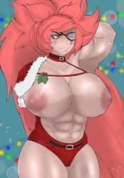 baiken bashful big_areola big_breasts big_muscles bikini_top blush christmas christmas_clothing christmas_outfit guilty_gear guilty_gear_strive guilty_gear_xrd inverted_nipples lots_of_hair muscular muscular_arms muscular_female puffy_areola puffy_nipples red_eyes scar_across_eye shy six_pack toned_body toned_female