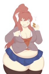 1girls bbw belly big_belly big_breasts breasts chubby doki_doki_literature_club fat female green_eyes huge_belly lewddoodler light-skinned_female light_skin long_hair monika_(doki_doki_literature_club) overweight standing thick_thighs thighhighs tight_clothing white_background