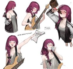 1girls alcohol armpits atsumi_7 bare_shoulders blush bocchi_the_rock! braid casual closed_eyes clothing dress drunk electric_guitar english female guitar hiroi_kikuri human jacket light-skinned_female light_skin musical_instrument outerwear pale_skin pubic_hair sharp_teeth single_braid small_breasts smile solo strap_slip wine_bottle