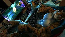 abs anthro biceps blue_eyes brown_hair chest_tuft computer computer_keyboard computer_monitor crotch_covered detailed_background dream_and_nightmare facial_hair facial_tuft feet_on_desk feet_on_table felid fur gaming hair hi_res leaning leaning_back legs_up looking_at_viewer lying male mammal multicolored_body multicolored_fur muscular muscular_anthro muscular_male nipples nude orange_body orange_fur pantherine pecs pubes solo spiky_hair spread_legs spreading striped_body stripes tiger tuft video_games