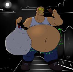 bag belly_button ben_(squintingboi) big_belly candy candy_bag chocolate halloween hollow_eyes male_only non-human orange_skin pumpkin pumpkin_head sack sloshing_belly squintingboi tank_top toony yellow_eyes