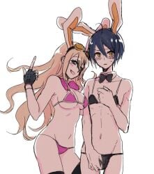 1boy 1girls 2022 artist_request bikini bikini_bottom bikini_top black_bikini blonde_hair blue_eyes blue_hair blush bowtie breasts bulge bunny_boy bunny_ears bunny_girl collar crossdressing danganronpa danganronpa_v3 embarrassed female femboy gloves goggles goggles_on_forehead goggles_on_head human iruma_miu large_breasts male male/female male_thong no_visible_genitalia pink_bikini pink_bra pink_panties pose posing saihara_shuuichi simple_background simple_shading straight_hair thighhighs white_background yellow_eyes