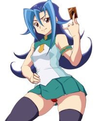 1girls blue_hair card clothing female hajime_shindo kamishiro_rio legwear looking_at_viewer medium_breasts pose red_eyes ring rio_kamishiro school_uniform short_skirt smile solo thick_legs underwear white_background yu-gi-oh! yu-gi-oh!_zexal