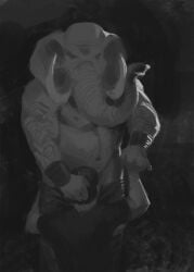 anthro anthro_penetrating anthro_penetrating_human big_dom_small_sub bottomwear bottomwear_down clothed clothing dominant duo elephant elephantid floppy_ears hand_holding holding_head human human_on_anthro human_penetrated interspecies larger_anthro larger_male male male/male malorne mammal musclegut muscular muscular_anthro muscular_male navel nipples oral oral_penetration pants pants_down partially_clothed pecs penetration proboscidean proboscis_(anatomy) sex shirt shirtless size_difference smaller_human smaller_male smaller_penetrated topwear trunk_(anatomy) tusks