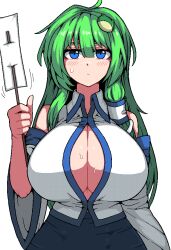 blue_eyes breasts cleavage closed_mouth collared_shirt female formicid green_hair kochiya_sanae large_breasts long_hair nontraditional_miko sanae_kochiya shirt simple_background single_sidelock sleeveless sleeveless_shirt solo touhou white_background white_shirt