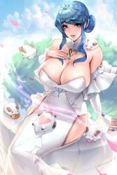 2022 bare_hips bare_shoulders big_breasts blue_hair breasts_focus cianyo crystal_rose_series crystal_rose_sona eyebrows_visible_through_hair hand_on_chest huge_breasts league_of_legends league_of_legends:_wild_rift looking_at_viewer no_bra no_panties no_underwear poro revealing_clothes revealing_dress riot_games smile smiling smiling_at_viewer sona_buvelle wedding_dress white_dress