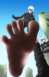 1boy 1girls blindfold breasts clothed clothing feet female femboy foot_fetish gaycatte giant giant_femboy giant_male giantess light-skinned_female light-skinned_male light_skin macro male male_focus nier nier:_automata short_hair size_difference trap white_hair yorha_2b yorha_9s