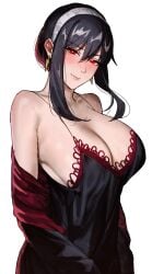 1girls assassin bare_shoulders big_breasts black_hair blush bow breasts busty crimson_eyes dark_hair ear_piercing earring earrings exposed_shoulders female female_only hair_bow huge_breasts large_breasts lips milf older_female red_eyes revealing_clothes shoulders shounen_jump slutty_outfit spy_x_family thorn_princess uyzoc white_background yor_briar yor_forger