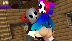 ass_focus ass_grab bleatway gradient_clothes leg_up mario_(series) mask masked_female masked_male mine-imator minecraft original_character original_characters red_hair sex shy_gal shy_guy