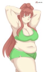 1girls ass athletic_female bbw belly big_belly big_breasts breasts chubby doki_doki_literature_club fat female female_only green_eyes lewddoodler light-skinned_female light_skin long_hair monika_(doki_doki_literature_club) overweight solo solo_female sports_bra sportswear strongfat thick thick_thighs white_background