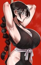 1girls aestheticc-meme armpits arms_behind_head arms_up bangs belt big_breasts black_hair bleach bleach:_the_thousand-year_blood_war blue_eyes blush bodily_fluids book braid breasts breasts_bigger_than_head busty eyewear female female_only fully_clothed glasses heat hourglass_figure huge_breasts japanese_clothes katori_batsu'unsai kimono large_breasts long_hair megane mole mole_on_breast no_bra no_panties obi oppai pelvic_curtain pelvic_line plain_background polearm red_background revealing_clothes simple_background sleeveless sleeveless_kimono slim_waist solo solo_focus steam steaming_body sweat sweatdrop tied_hair top_heavy top_heavy_breasts upper_body very_long_hair voluptuous voluptuous_female wide_hips