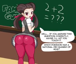 1girls ass big_ass brown_hair calamity33 chalkboard classroom clothing dialogue dress female from_behind gym_leader long_hair open_mouth pokemon pokemon_oras red_legwear roxanne_(pokemon) school shiny_ass speech_bubble teacher wide_hips