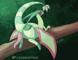 anthro branch flashquatsch flygon generation_3_pokemon green_body male markings nintendo pokémon_(species) pokemon pokemon_(species) red_eyes solo striped_markings striped_tail stripes tail_markings video_games wings