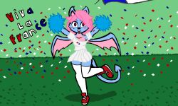 1femboy bat celebration cheerleader cheerleader_uniform confetti femboy france french_text looking_at_viewer male mammal okami23_(artist) pom_poms solo terry_bat text