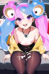 1girls ai_generated blue_hair blush breasts character_hair_ornament couch cum cum_on_thighs game_freak gym_leader happy happy_female iono_(pokemon) jacket lewdful looking_at_viewer nai_diffusion navel necklace nipples on_couch pantyhose petite pink_eyes pink_hair pokemon pokemon_sv puffy_nipples sharp_teeth small_breasts smile stable_diffusion twintails two_tone_hair