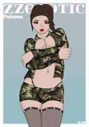 1girls 2022 artist_name big_breasts black_panties breast_grab breast_squeeze breasts brown_eyes brown_hair clothed clothing eyelashes female female_only free_fire garena huge_breasts looking_at_viewer medium_hair military military_jacket military_uniform paloma_(free_fire) panties red_lipstick simple_background smile smiling solo solo_female thighhighs zzerotic