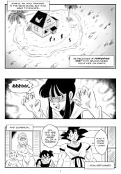 2girls 3boys big_breasts black_and_white breasts chichi comic dragon_ball dragon_ball_super dragon_ball_z funsexydragonball krillin kuririn maron monochrome page_1 sharp_fingernails son_gohan son_gohan_(young) son_goku sweatdrop swimsuit worried_expression