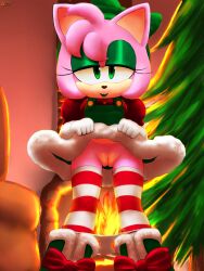 aerosin alternate_costume amy_rose anthro bottomless bottomless_skirt christmas christmas_outfit dress_lift half-closed_eyes innie_pussy lifted_by_self looking_at_viewer panties_down presenting_pussy pussy solo sonic_(series) stockings