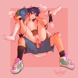 1boy 1girls aubrey_(omori) black_hair blue_hair breasts female femsunny_(omori) genderswap genderswap_(ftm) genderswap_(mtf) legs_held_open male omori panties_around_leg panties_around_one_leg rule_63 scar seated_carry_position sinkaraia sintastein size_difference skirt socks spread_legs sunburn_(omori) sunny_(omori) topless