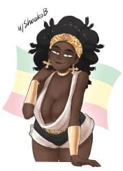 artist_name big_breasts country_inc_(yuric_inc) cross cross_earrings curvy dark_skin ethiopia_(yuric_inc) gauntlets green_eyes huge_breasts large_breasts leaning_forward national_personification nipple_slip no_bra reddit shoukob smiling thick_thighs yuric_inc