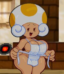 1girls apron apron_only bare_shoulders big_breasts breasts cleavage curly_hair female female_only fungi_fauna fungi_humanoid gilf hips humanoid large_breasts looking_at_viewer mario_(series) mushroom_hat mushroom_humanoid naked_apron nintendo open_mouth open_smile paper_mario pixel_art shortstack smile solo solo_female somescrub standing tayce_t. thick thick_thighs thighs white_hair wide_hips