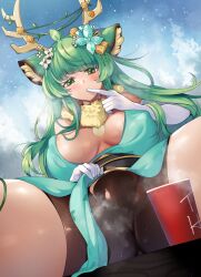 1girls alternate_version_available animal_ears barefoot bedroom_eyes blush bottomless breasts_bigger_than_head caribou cleavage clothed coffee coffee_cup deer_ears deer_girl deer_horns flower flower_in_hair green_eyes green_hair haruka_karibu highres horns large_breasts looking_at_viewer no_panties one_arm_up ruri_rarako skeb_commission solo solo_focus vines virtual_youtuber vshojo vtuber