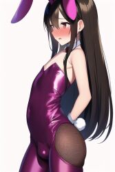 ai_generated blush brown_hair bunny_ears_(cosmetic) bunny_girl bunny_suit femboy latex long_hair male male_only nai_diffusion original penis_bulge stable_diffusion