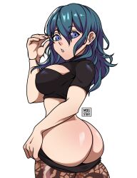 1girls 2020s 2022 ass big_ass blue_eyes blue_hair byleth_(fire_emblem) byleth_(fire_emblem)_(female) covered_nipples female female_only fire_emblem fire_emblem:_three_houses from_behind intelligent_systems large_breasts leggings looking_at_viewer medium_hair mogstar nintendo partially_clothed plain_background shirt shorts thighhighs undressing