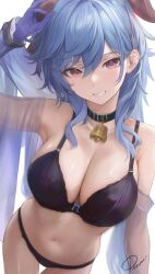 1girls ahoge bell bell_choker blue_hair blush bra breasts choker female ganyu_(genshin_impact) genshin_impact grin horns large_breasts long_hair panties preview_(preview0) purple_eyes slim_waist smile thick_thighs