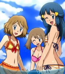 3girls big_breasts bikini blue_eyes blue_hair blue_sky brown_hair cleavage dawn_(pokemon) kuro_hopper long_hair may_(pokemon) multiple_girls nintendo one_eye_closed orange_bikini partially_submerged partially_underwater_shot pink_bikini pokemon pokemon_dppt pokemon_rse serena_(pokemon) small_breasts smile striped_bikini underwater wading wet wet_body wet_clothes wet_hair wet_skin yellow_bikini