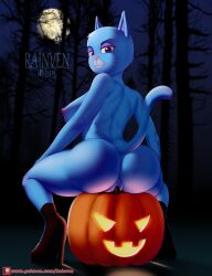 absurd_res anthro ass blue_body cartoon_network domestic_cat felid feline felis female food fruit hi_res mammal mary_senicourt mature_anthro mature_female nipples nude plant pumpkin rainven solo the_amazing_world_of_gumball