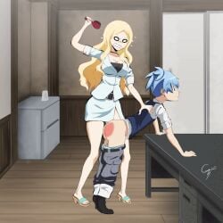 1boy 1girls alermg animated assassination_classroom blonde_hair blue_hair dominant_female female femboy gif human irina_jelavic male shiota_nagisa spank_marks spanking submissive_male