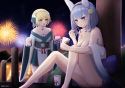 2girls alternate_costume bare_legs blonde_hair blue_eyes blue_hair breasts cleavage covering eating female female_only fire_emblem fire_emblem_heroes fireworks fjorm_(fire_emblem) fjorm_(new_year)_(fire_emblem) food japanese_clothes legs medium_breasts medium_hair mizumura_(midu_mura) multicolored_hair multiple_girls new_year nifl_(fire_emblem) nintendo nude nude_female off_shoulder official_alternate_costume short_hair smile