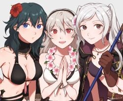 3girls alternate_costume bangs belt belt_buckle bikini black_bikini black_coat black_hairband black_swimsuit blue_eyes blush breasts brown_belt brown_eyes brown_gloves buckle byleth_(fire_emblem) byleth_(fire_emblem)_(female) byleth_(summer)_(fire_emblem)_(female) cleavage closed_mouth coat coat_on_shoulders collarbone commentary_request corrin_(fire_emblem) corrin_(fire_emblem)_(female) corrin_(summer)_(fire_emblem)_(female) dagger expressionless female female_only fire_emblem fire_emblem:_three_houses fire_emblem_awakening fire_emblem_fates fire_emblem_heroes flower flower_necklace gloves grey_background grey_hair hair_between_eyes hair_flower hair_ornament hairband hibiscus highres hood hood_down hooded_coat jewelry knife large_breasts long_hair looking_at_viewer medium_breasts multiple_girls navel necklace nintendo o-ring o-ring_top official_alternate_costume open_mouth own_hands_together peach11_01 pink_flower pointy_ears purple_bikini purple_swimsuit red_eyes red_flower robin_(fire_emblem) robin_(fire_emblem)_(female) sheath sheathed simple_background smile swimsuit tassel teal_hair teeth trait_connection twintails twitter_username upper_body upper_teeth weapon white_bikini white_hair white_swimsuit