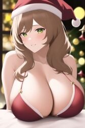 1girls ai_generated bikini blush breasts brown_hair christmas christmas_bikini christmas_outfit christmas_tree cleavage female female_only genshin_impact green_eyes hat holidays huge_breasts indoors light-skinned_female light_skin lisa_(genshin_impact) long_hair massive_breasts nai_diffusion red_bikini santa_hat smile solo stable_diffusion