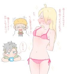 1girls 2boys 49raspberry arms_behind_back bikini bikini_bottom bikini_top black_hair blonde_hair blue_eyes blush boruko boruto:_naruto_next_generations chibi cleavage closed_eyes cute father_and_daughter female_focus gender_transformation genderswap_(mtf) japanese_text kawaki long_hair naruto naruto_(series) open_mouth panties petite pink_bikini pink_panties pink_swimsuit pose posing rule_63 sexy_no_jutsu shounen_jump small_breasts standing striped_bikini striped_panties swimsuit text uzumaki_boruto uzumaki_naruto whisker_markings whiskers white_background yellow_hair