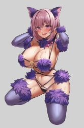 1girls alternate_version_available animal_ears bikini blush breasts fate/grand_order fate_(series) female fur_bikini hair_over_one_eye hi_res huge_breasts light-skinned_female light_skin long_gloves mash_kyrielight mash_kyrielight_(dangerous_beast) onedoo pink_hair purple_eyes short_hair smile thighhighs