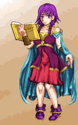 1girls ambleve_river animated bangs bare_shoulders book boots breasts cape cloak dress female female_only fire_emblem fire_emblem:_the_sacred_stones holding holding_object lute_(fire_emblem) medium_breasts medium_hair nintendo pixel_art purple_eyes purple_hair shoulders solo